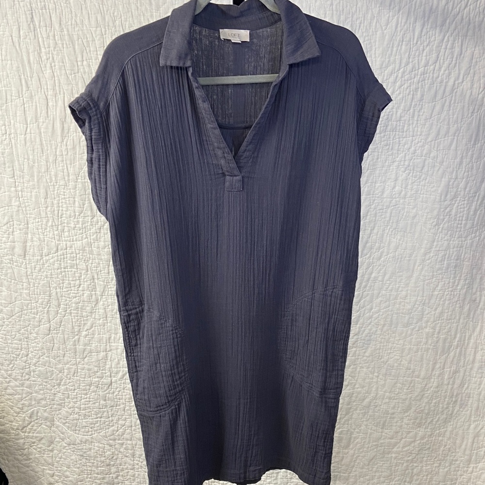 LOFT Heathered Gray Gauze 100% Cotton Pocketed Dress size Medium